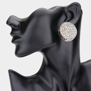 Abalone Silver Greek Key Patterned Rhinestone Crystal Round Stud Earrings